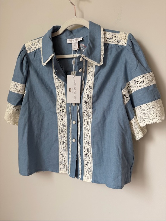 Caroline Constas Tops - Blue short sleeve button up blouse with Cream Lace Trim